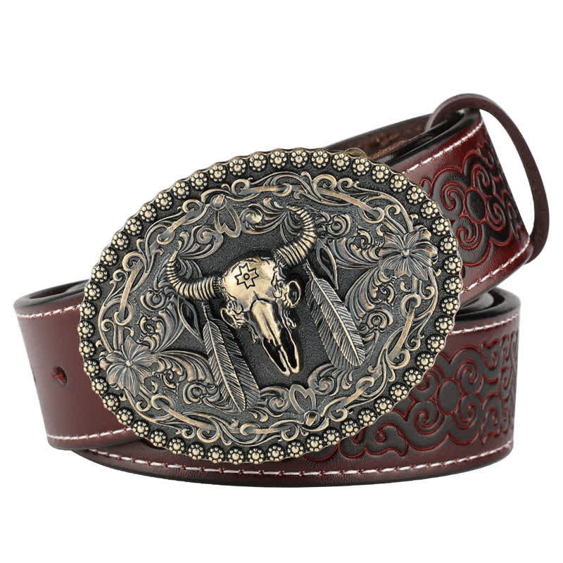 Men's Engarved Feather Bull Jeans Leather Belt - Style #1 - Brown / Bronze - 46 - image 10