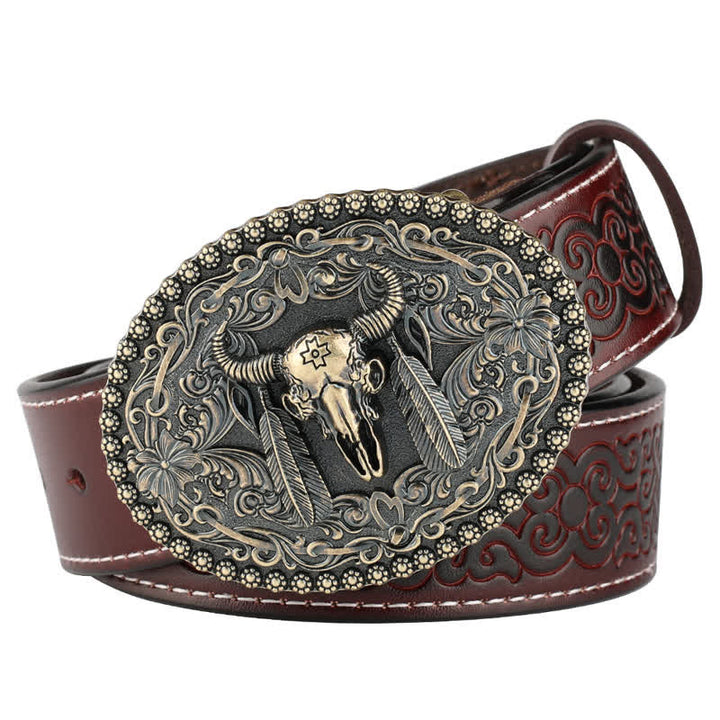 Men's Engarved Feather Bull Jeans Leather Belt - Style #1 - Brown / Bronze - 46 - image 10