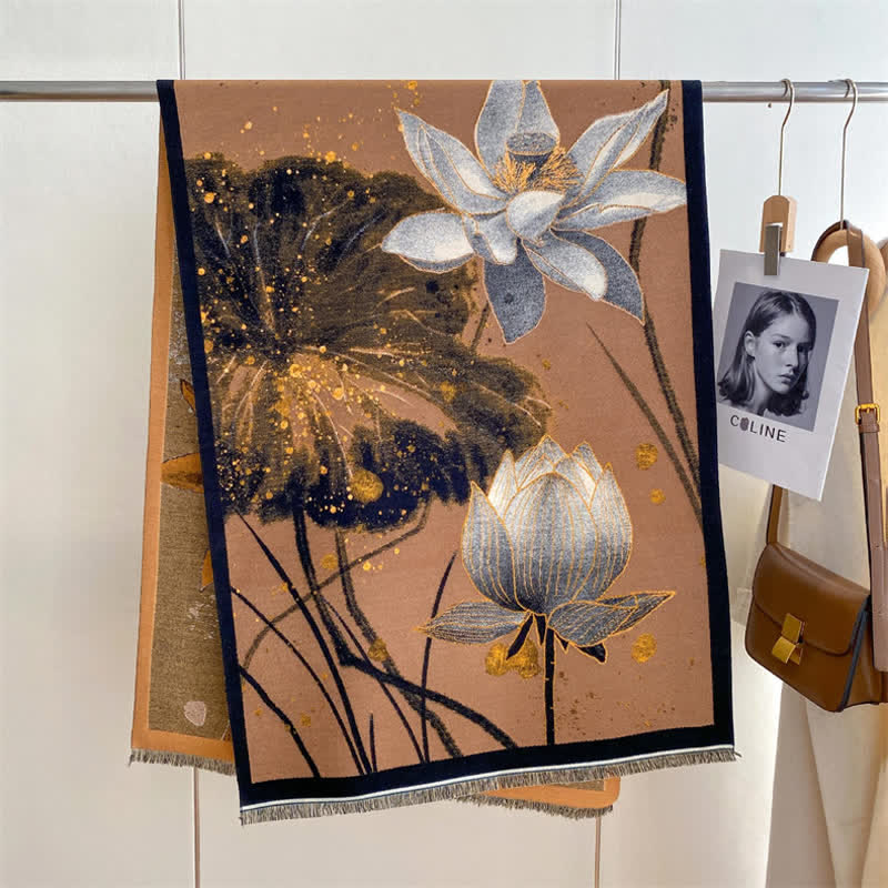 Women's Magnificent Scene Oil Painting Thickened Scarf - Brown Lotus - image 28