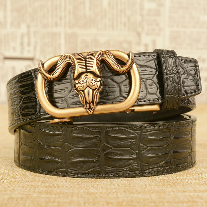 Men's Goat Head Crocodile Print Automatic Buckle Leather Belt - Black / Gold - 46 - image 1