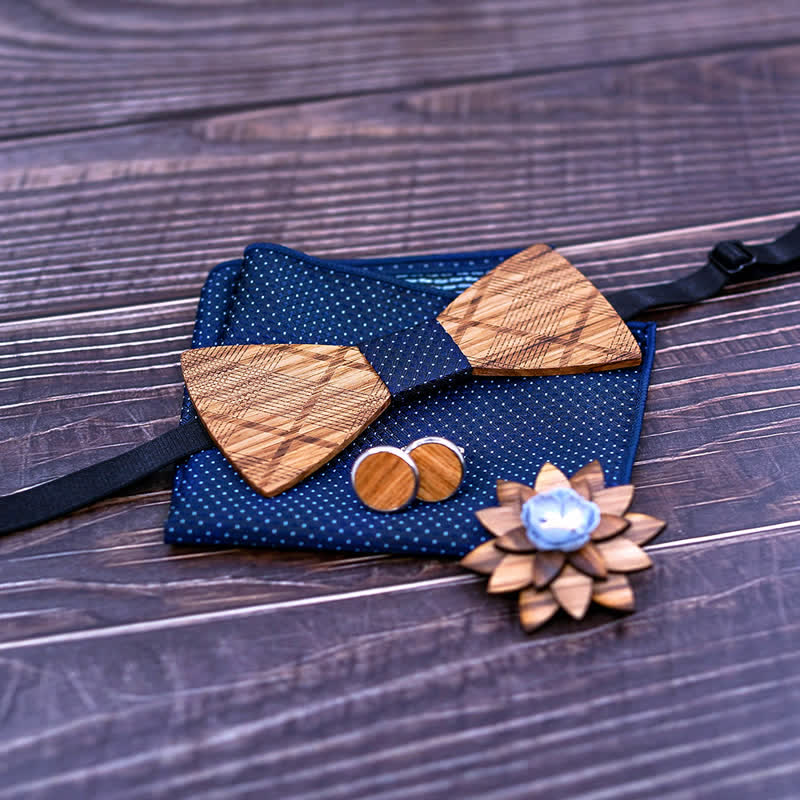 4Pcs Men's Classic Plaids Wooden Bow Tie Set - image 3
