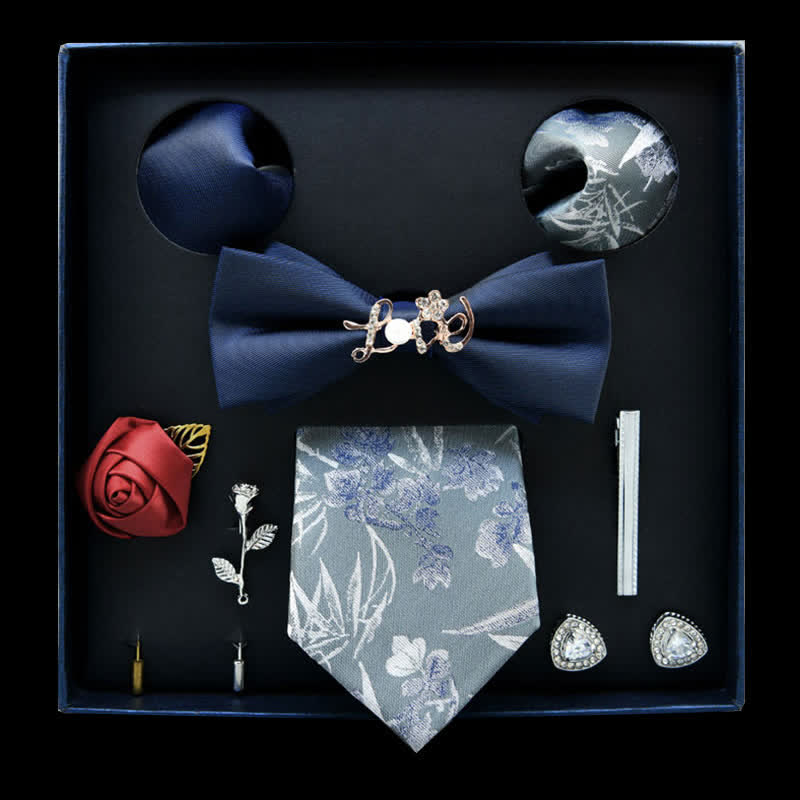 8Pcs Blue&Gray Floral Casual Necktie Bow Ties Gift Box - Blue&Gray - image 0