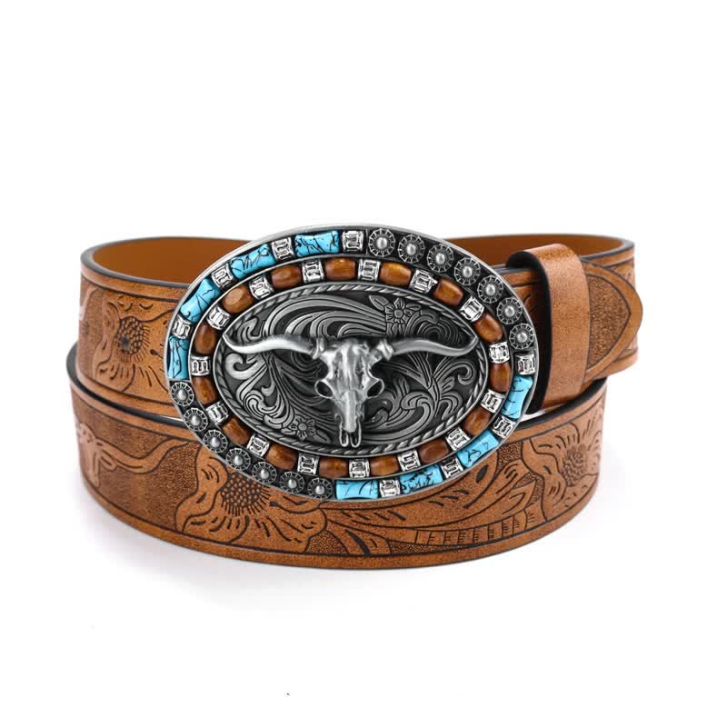 Men's Western Cowboy Turquoise Bull Leather Belt - Brown / Silver - 40 - image 0