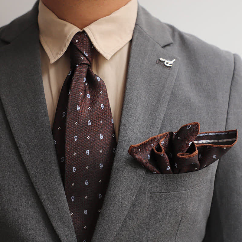 2Ps Men's Vintage Mini Motif Necktie Pocket Square Set - SaddleBrown Paisley - image 0