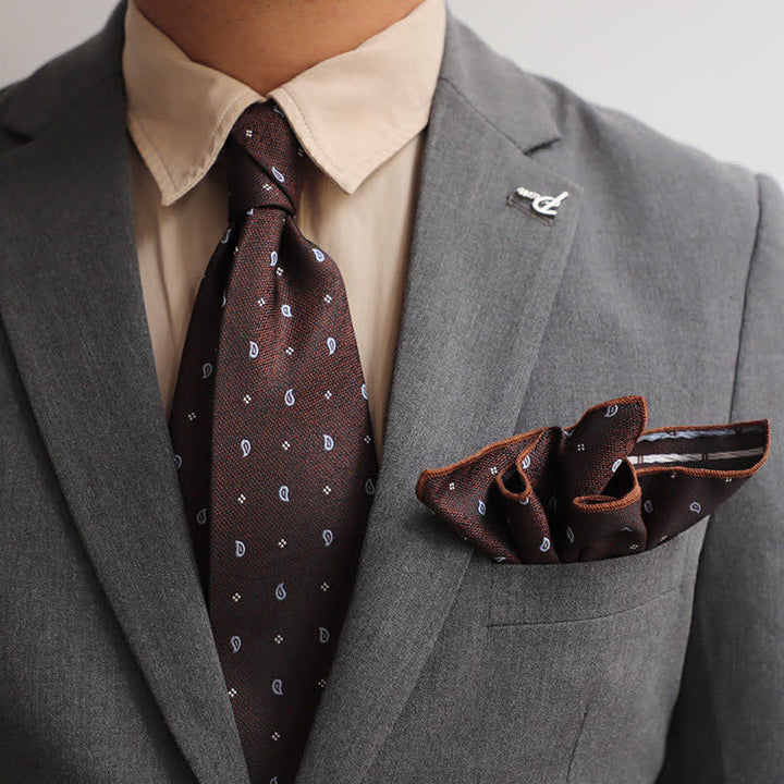 2Ps Men's Vintage Mini Motif Necktie Pocket Square Set - SaddleBrown Paisley - image 0
