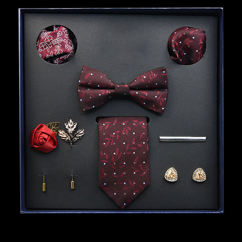 8Pcs Burgundy Vintage Leaf Necktie Bow Ties Gift Box - Burgundy - image 0