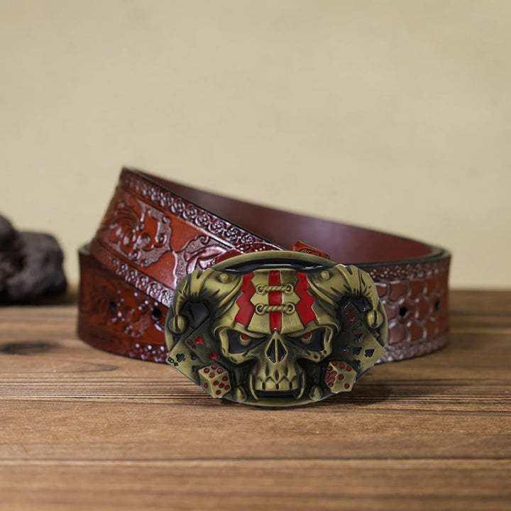 Men's DIY Skull Clown Joker Buckle Leather Belt - Antique Bronze - Brown Carved Belt (40) - image 20