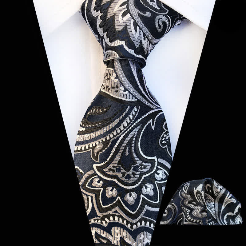 2Pcs Black & White Men's Paisley Cravat Necktie Set - Black & White - image 0