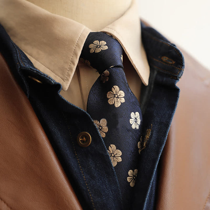 Men's Garden Motif Embroidery Zipper Necktie - Navy Flower - image 7
