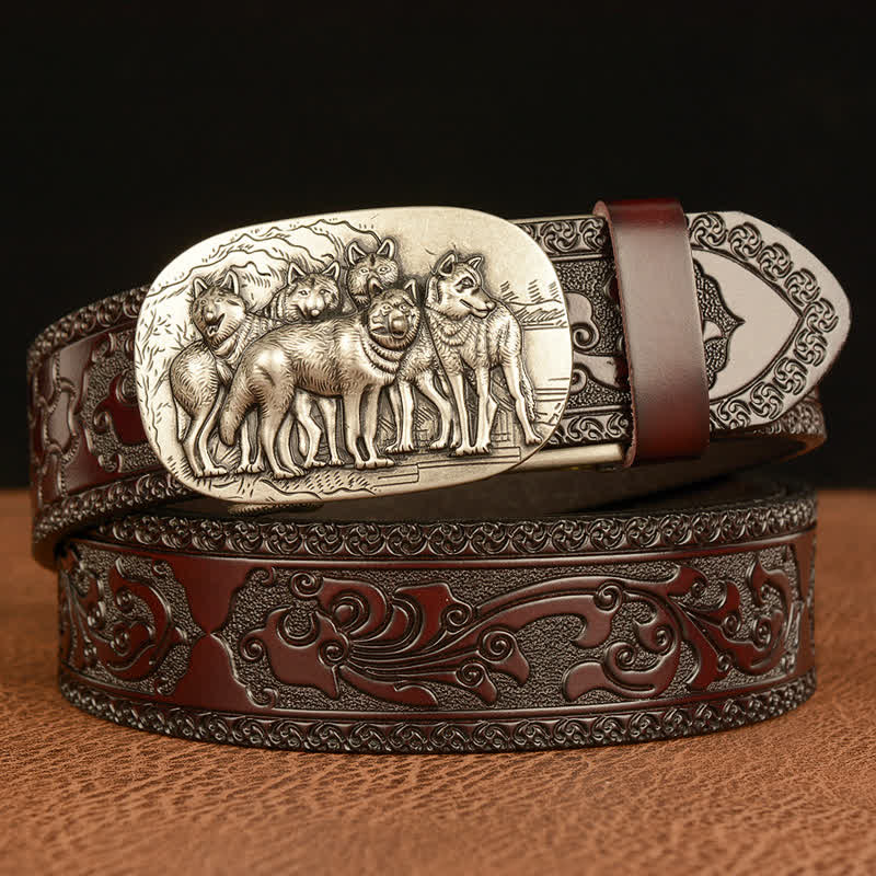 Men's Retro Pack Of Wolves Leather Belt - Silver & Brown - 46 - image 11