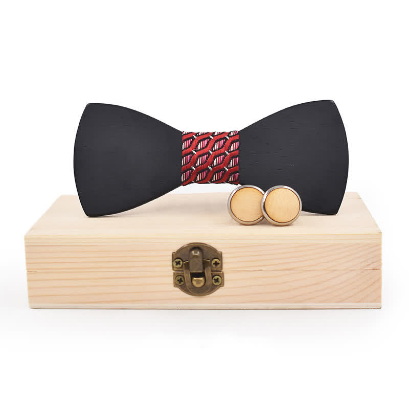 2Pcs Men's Black Wooden Bow Tie Cufflinks Set - Red Geometry - image 5