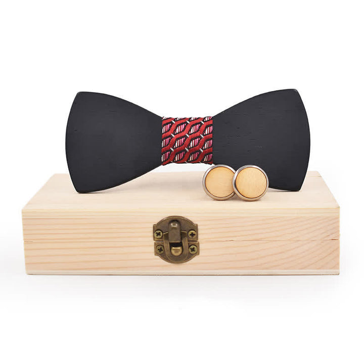 2Pcs Men's Black Wooden Bow Tie Cufflinks Set - Red Geometry - image 5