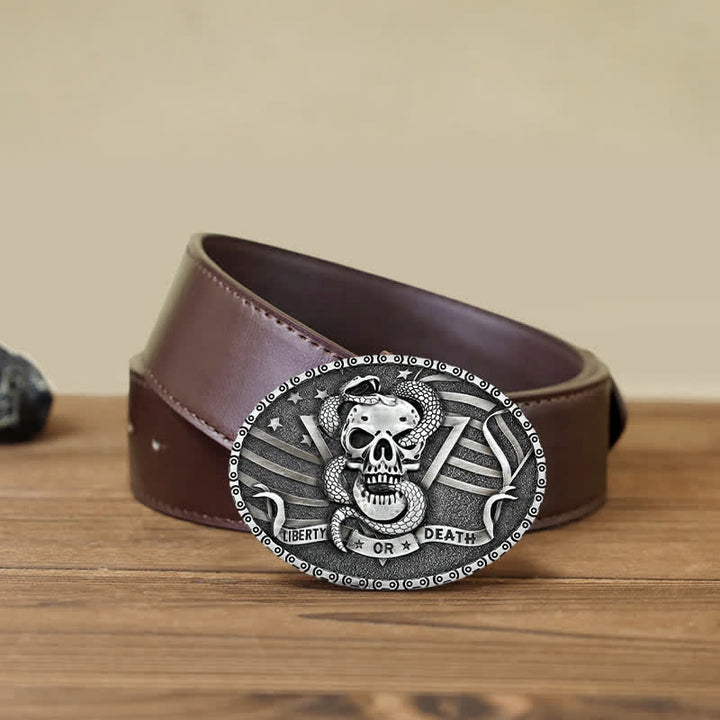 Men's DIY "Liberty or Death" Snake Skull Buckle Leather Belt - Antique Silver - Brown PU Belt (40) - image 12