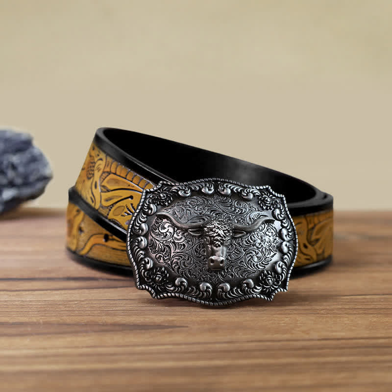 Men's DIY Longhorn Bull Antiqued Silver Buckle Leather Belt - Silver - SandyBrown Belt (40) - image 19