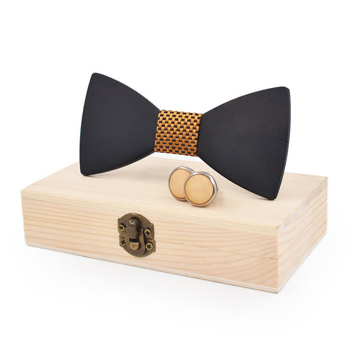 2Pcs Men's Black Wooden Bow Tie Cufflinks Set - image 4