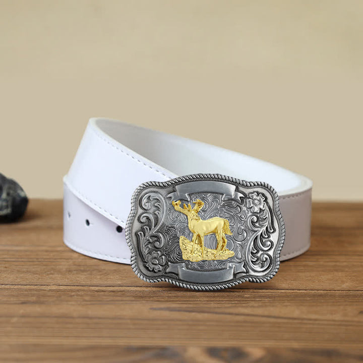Men's DIY Gold Carving Animal Buckle Leather Belt - Deer - White PU Belt (40) - image 31