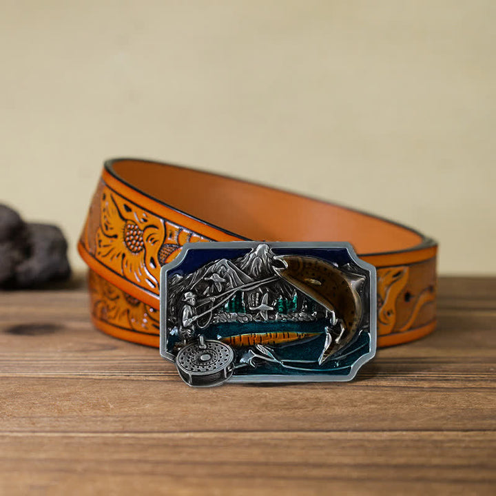 Men's DIY Fishing Enamel Rectangle Buckle Leather Belt - Fishing - Orange Carved Belt (40) - image 15