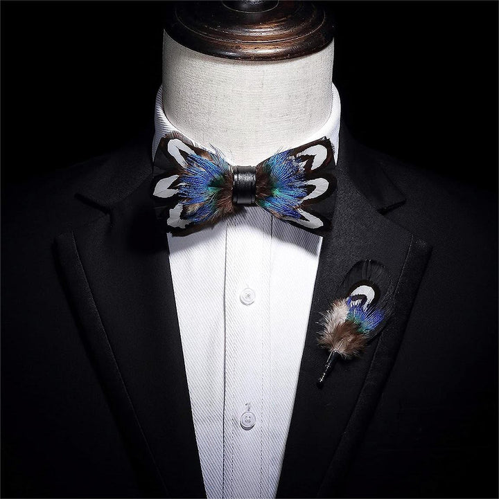 Blue & Black Noble Peacock Feather Bow Tie with Lapel Pin - image 2