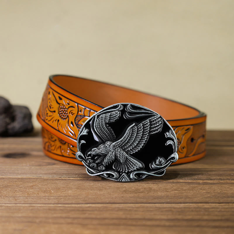 Men's DIY Spreading Wings Eagle Freedom Buckle Leather Belt - Eagle - Orange Carved Belt (40) - image 12