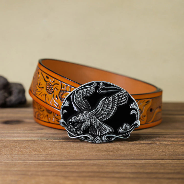 Men's DIY Spreading Wings Eagle Freedom Buckle Leather Belt - Eagle - Orange Carved Belt (40) - image 12