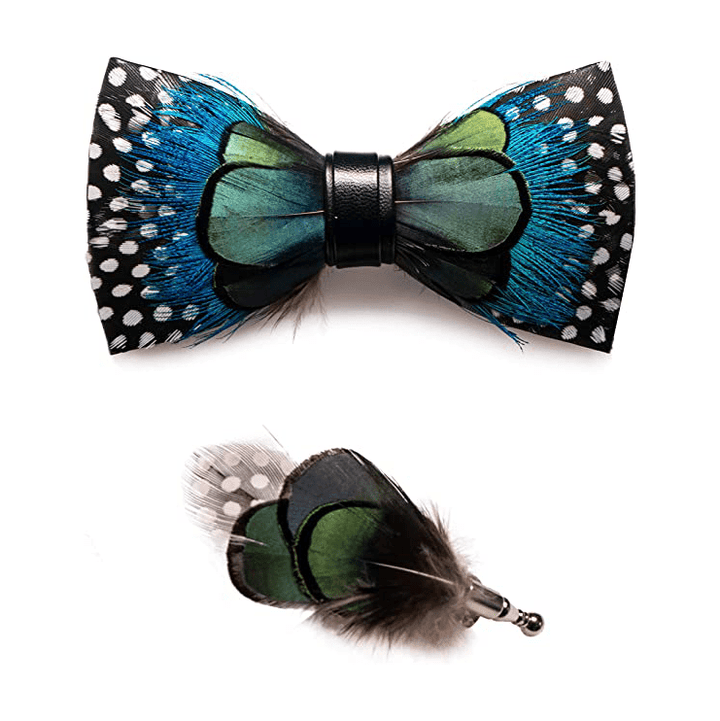 Green & Blue Polka Dots Feather Bow Tie with Lapel Pin - image 4