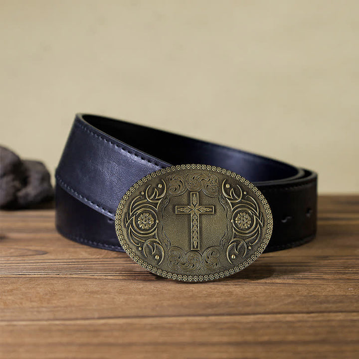 Men's DIY Carved Cross Flower Buckle Leather Belt - Cross - Black PU Belt (40) - image 2
