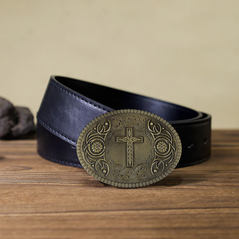 Men's DIY Carved Cross Flower Buckle Leather Belt - Cross - Black PU Belt (40) - image 2