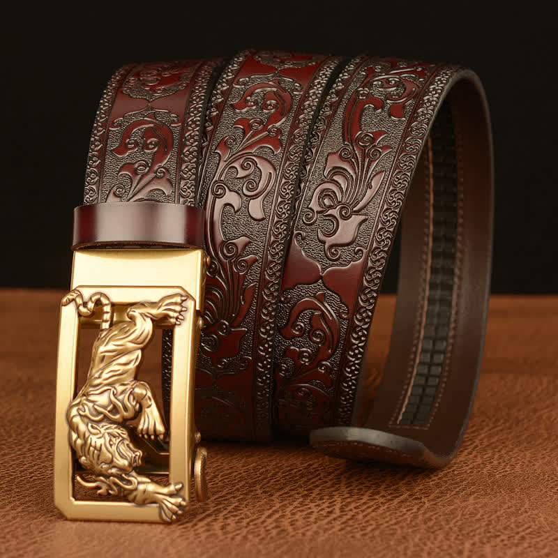 Men's Tiger Buckle Floral Embossed Leather Belt - image 2