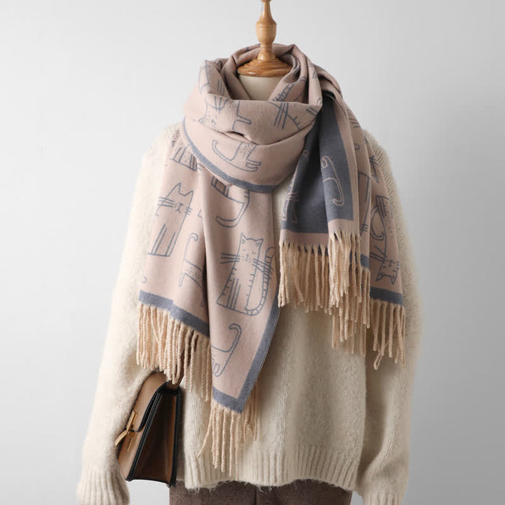Women's Cat Print Double-Sided Shawl Scarf - Blue - image 0