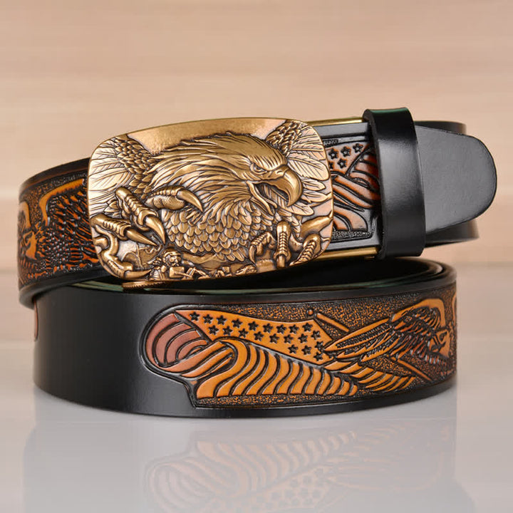 Men's Mighty Eagle Sharp Claw Automatic Buckle Leather Belt - Black / Gold - 46 - image 14