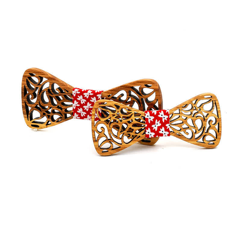 2Pcs Men's Parent-child Hollow Wooden Bow Tie - Burlywood & Red - image 7