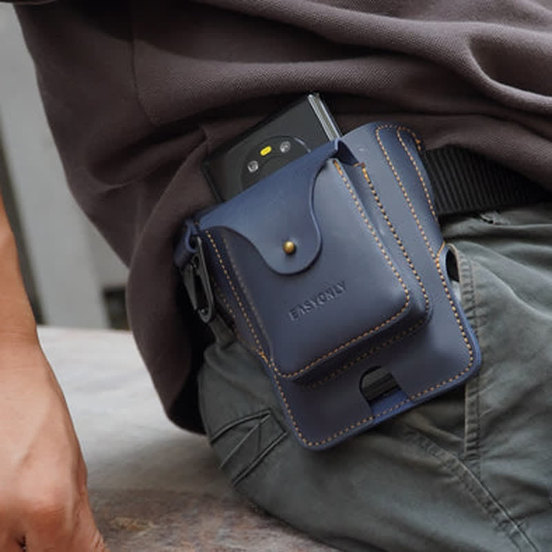 Mobile Phone Storage Fanny Pack Leather Belt Bag - Blue with Key Fob - image 5