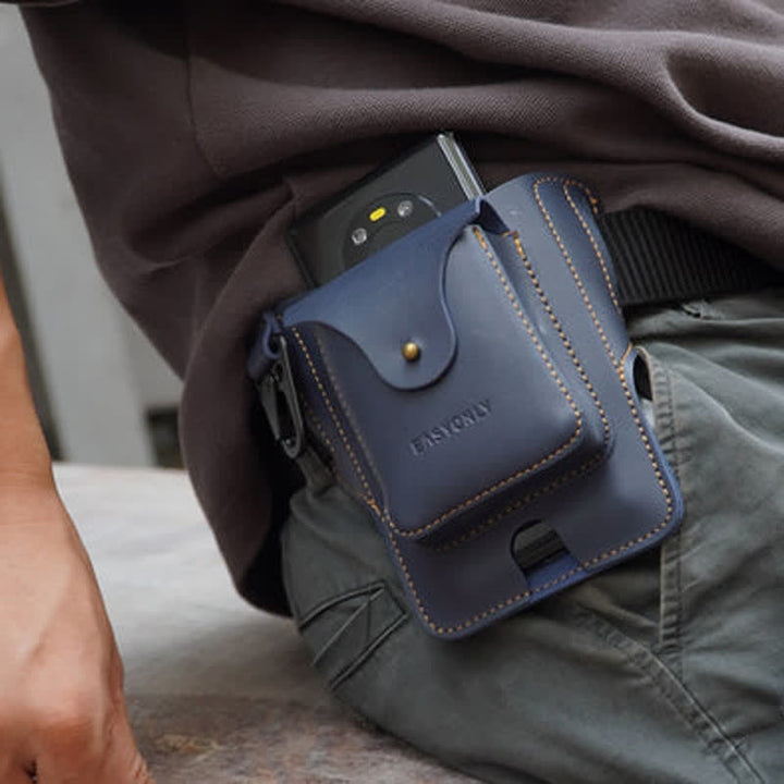 Mobile Phone Storage Fanny Pack Leather Belt Bag - Blue with Key Fob - image 5