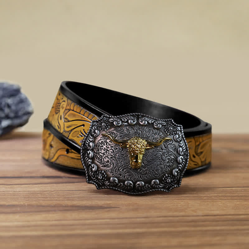 Men's DIY Longhorn Bull Antiqued Silver Buckle Leather Belt - Gold - SandyBrown Belt (40) - image 18