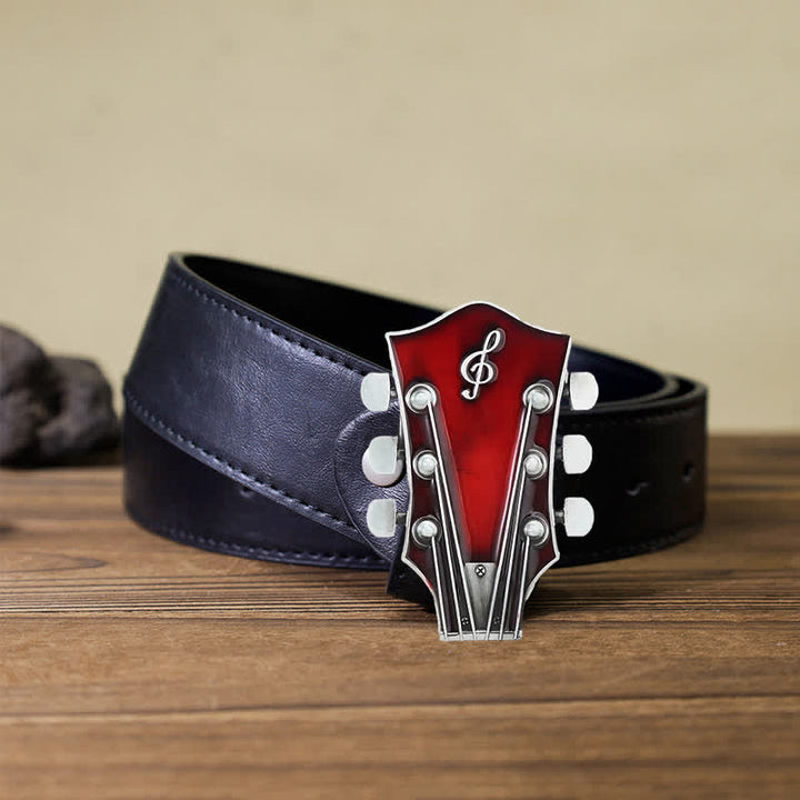Men's DIY Musical Guitar Headstock Buckle Leather Belt - Red - Black PU Belt (40) - image 8