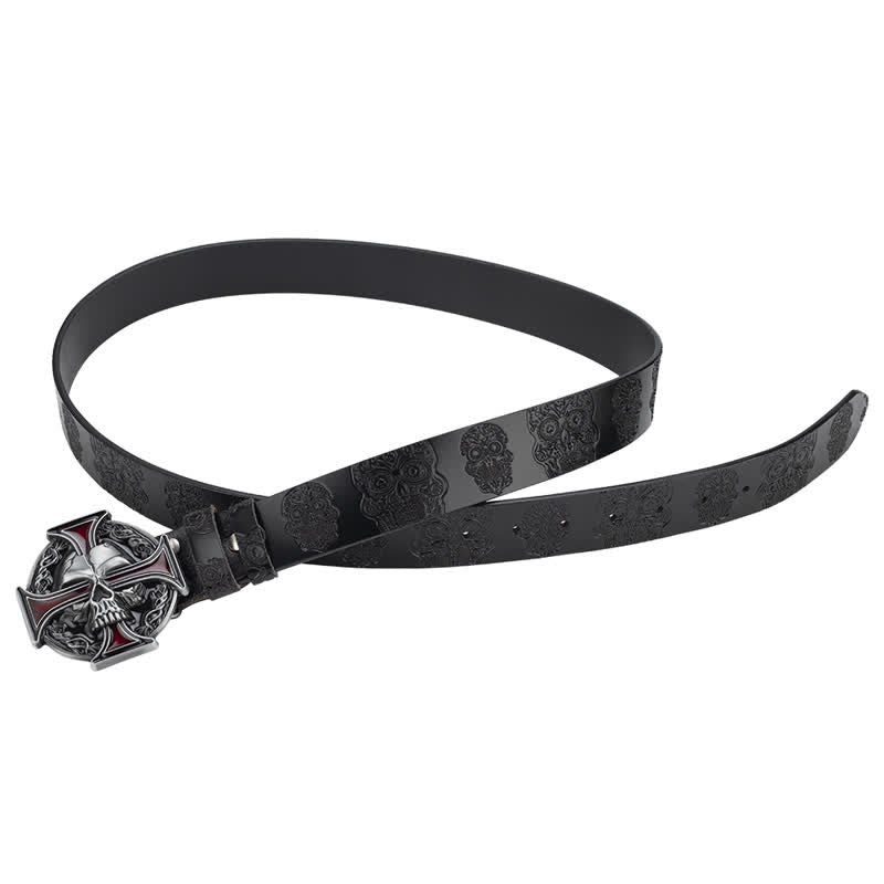 Men's Cross Skull Embossed Pattern Leather Belt - image 3