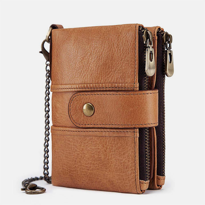 Genuine Leather Anti-theft Retro Wallet With Chain - Khaki - image 17