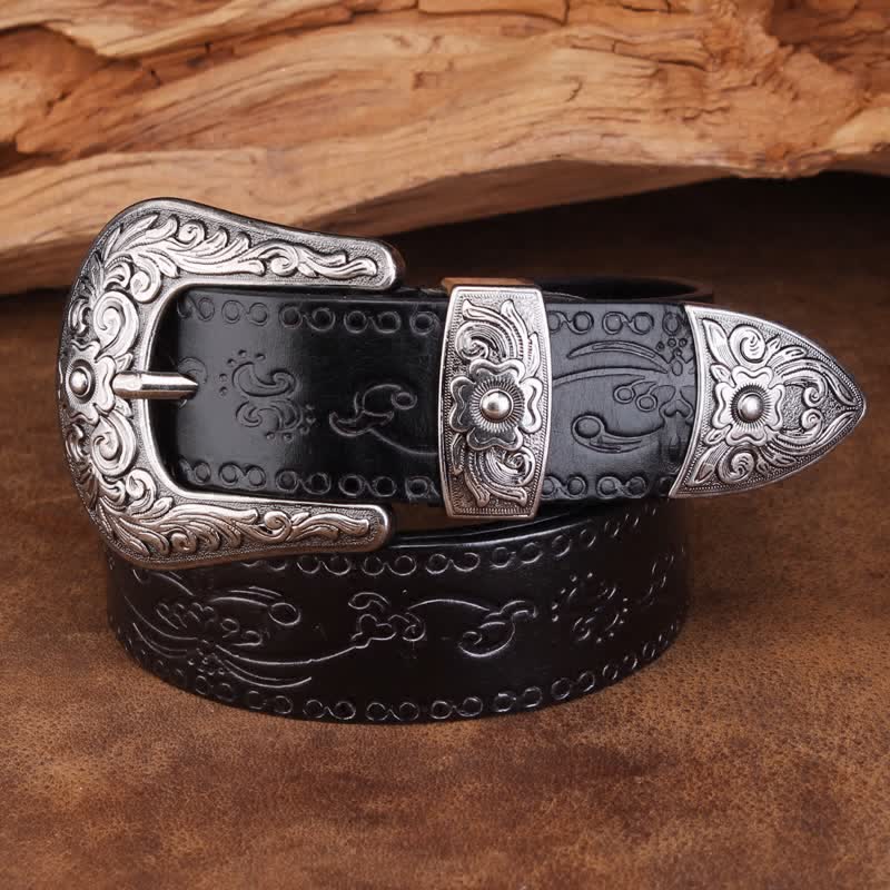 Unisex Rustic Texture Flower Printing Leather Belt - Black - 44 - image 8