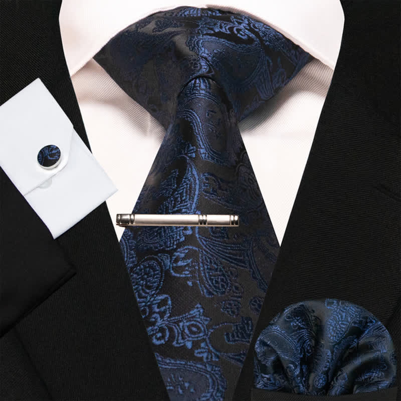 4Pcs Navy & Black Men's Mysterious Paisley Necktie Set - Navy & Black - image 0