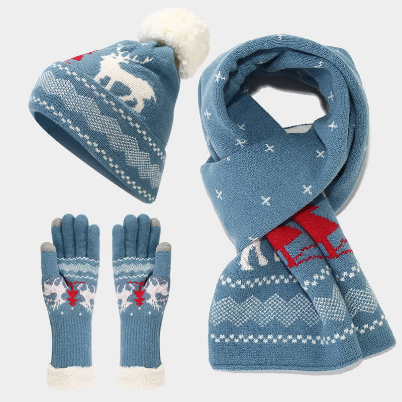 3Pcs Women's Reindeer Tree Jacquard Hat Scarf Gloves Set - Blue - Adjustable (Approx. 21 5/8"-23 5/8") - image 18