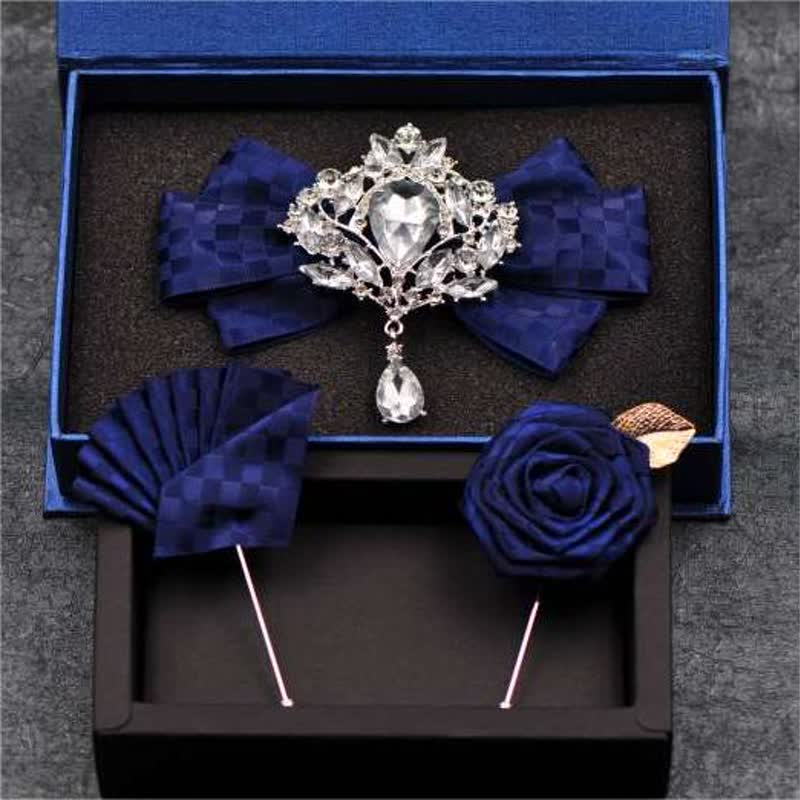 3Pcs Checker Rhinestone Brooch Bow Tie Set - Blue - image 1