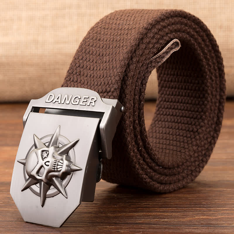 Men's Automatic Skull Buckle Woven Canvas Belt - Coffee - 42 - image 6