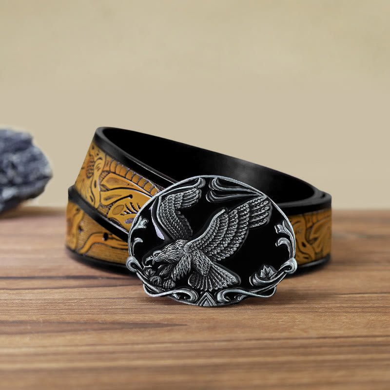 Men's DIY Spreading Wings Eagle Freedom Buckle Leather Belt - Eagle - SandyBrown Belt (40) - image 10