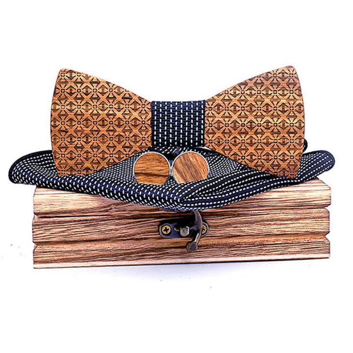 3Pcs Men's Christmas Snowflakes Wooden Bow Tie Set - Black - image 9