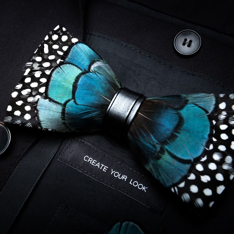 Turquoise & Black Feather Bow Tie with Lapel Pin - image 1