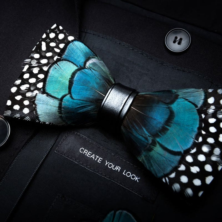 Turquoise & Black Feather Bow Tie with Lapel Pin - image 1