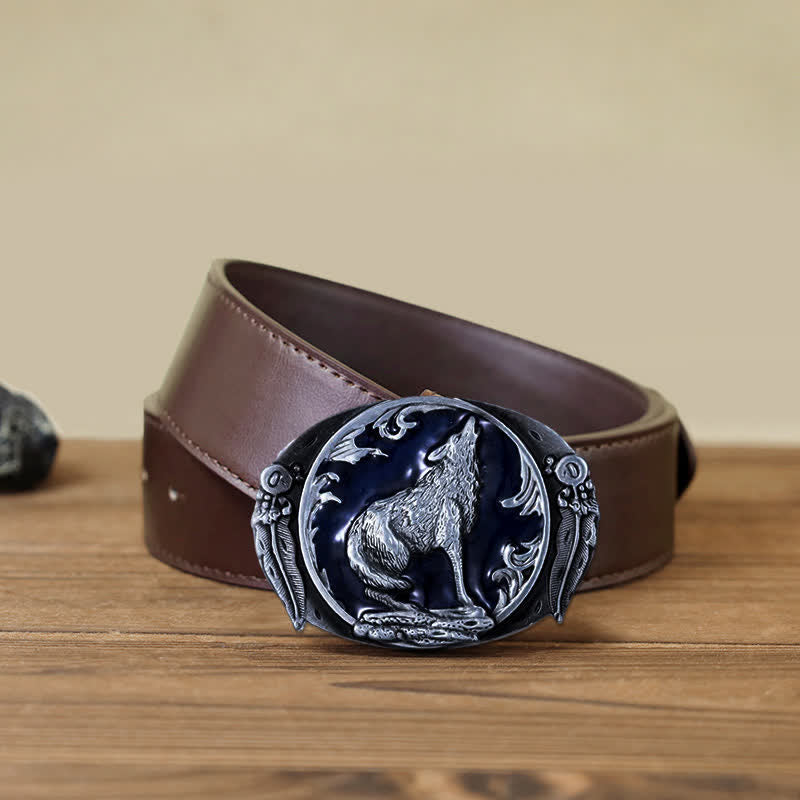 Men's DIY Enamel Domineering Howling Wolf Buckle Leather Belt - Blue - Brown PU Belt (40) - image 12