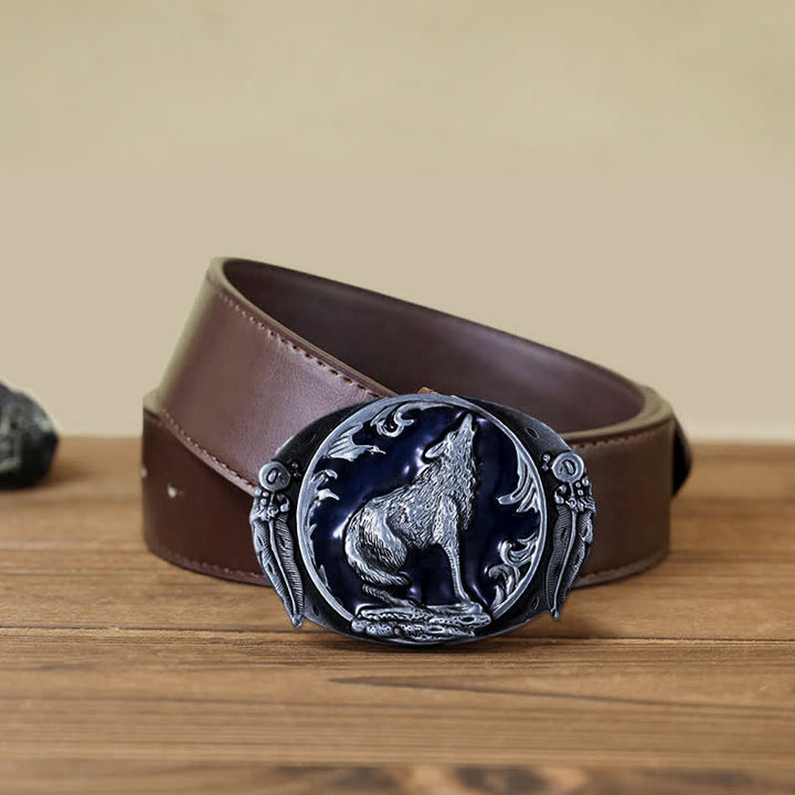 Men's DIY Enamel Domineering Howling Wolf Buckle Leather Belt - Blue - Brown PU Belt (40) - image 12