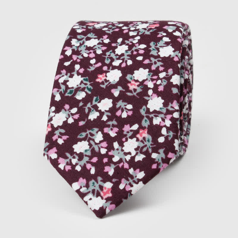 Men's Floral Printed Cotton Necktie - White & Burgundy - image 5
