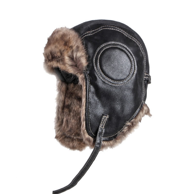 Soft Fluffy Ear Protection Imitation Leather Trapper Hat - Black - L (23 1/4"-23 5/8") - image 0